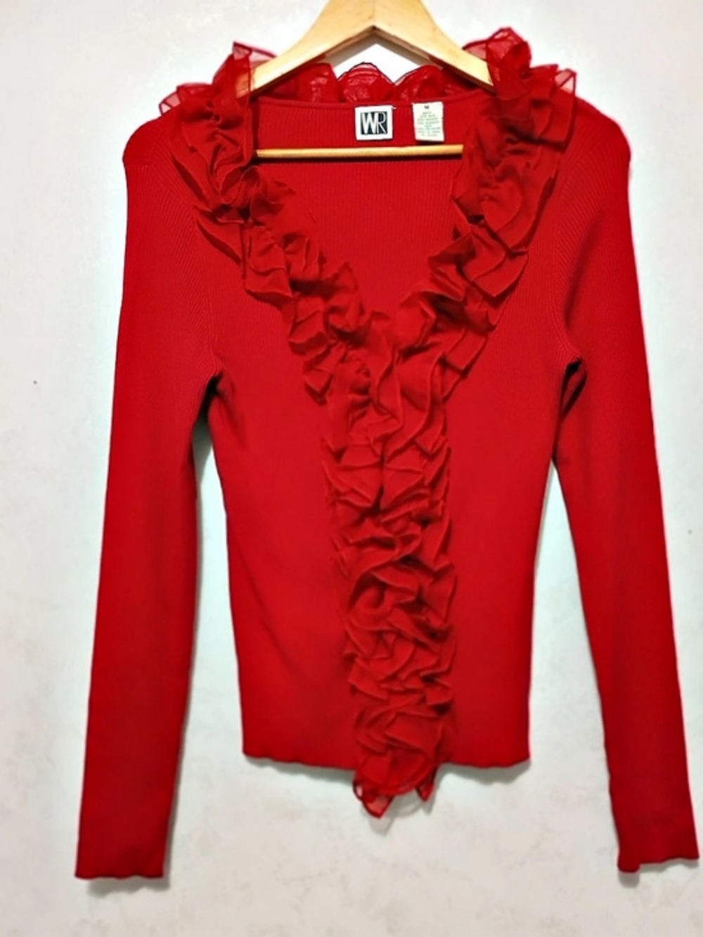 WR Women's Size M Red Silk Blend Ribbed Cardigan Ruffle Chiffon Trim Sweater